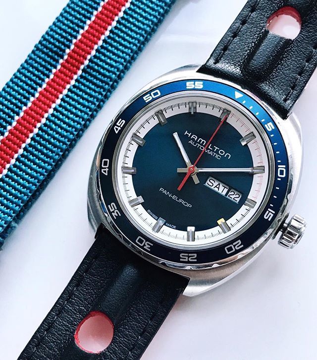 thejohnrothman's tweet photo. A piece that I have been eyeing for a while that I finally decided to pull the trigger on. I personally love its classic automotive inspired design cues, as well as the versatility of the NATO strap. #PanEurop #HamiltonWatch https://t.co/I4dJAYhOMw https://t.co/o0cdc5hTuZ