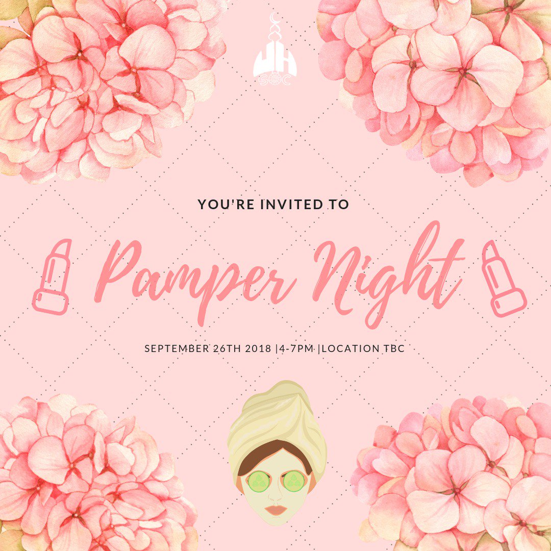 uhisocsisters's tweet photo. Assalamu’alaikum warahmatullahi wa barikathu sisters,
Be sure to join us this Wednesday for ‘Pamper night’ which will be filled with food, games and amazing company! As one of our most successful and highly anticipated events we hope to see you all there In Shaa Allah.😘 https://t.co/8xX5mbjbkx