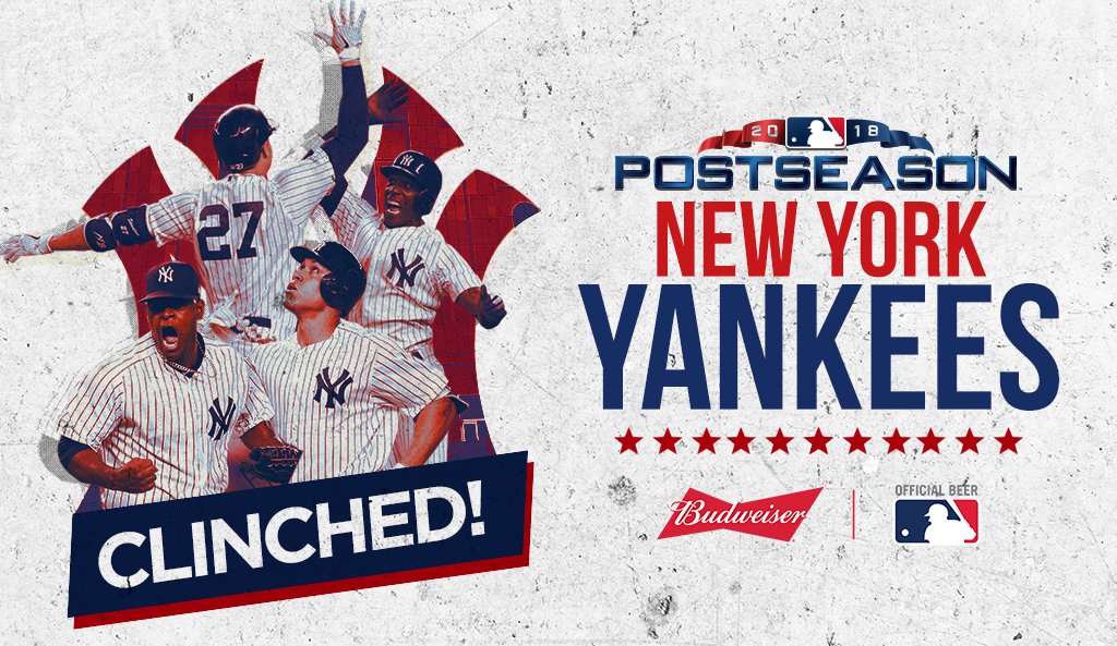 MLB's tweet photo. Start spreading the news.
   
The @Yankees are back in the postseason! #CLINCHED https://t.co/rllQSSTCyt