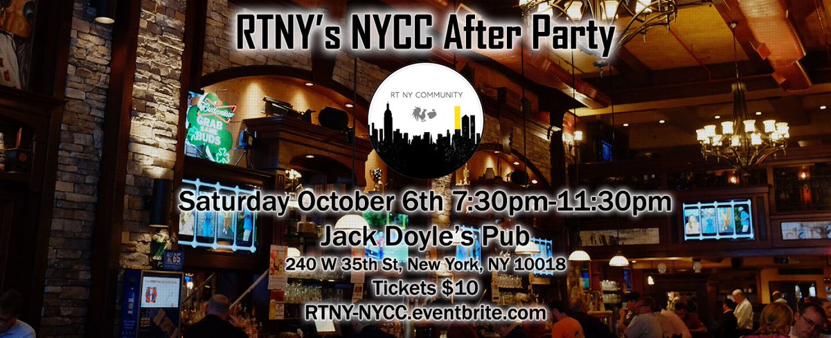 ChaosAndBagels's tweet photo. Hey @RoosterTeeth Fans. Our #NYCC After Party is in two week on Saturday October 6th at 7:30pm. All are welcome, NYCC badges NOT required. Tickets will cost $10 and include 1 alcoholic drink or 2 sodas. We hope to see you all there. https://t.co/tJcMPIRz4V #RTNYCC https://t.co/tKdFNYRDpm