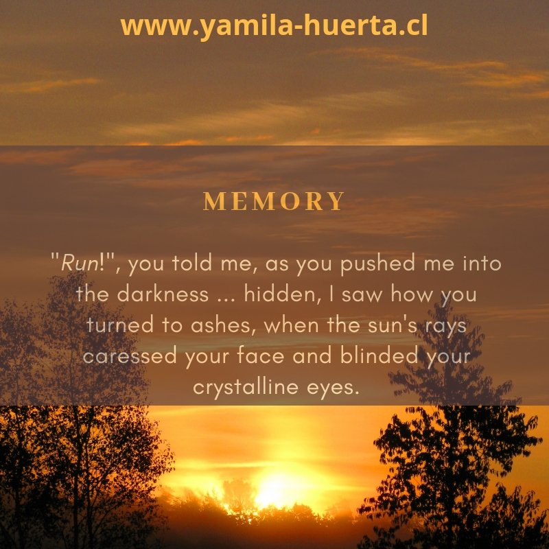 My original text in spanish:

Recuerdo
'¡Corre!', me dijiste, mientras me empujabas a la oscuridad... escondida, vi como te volvías cenizas, cuando los rayos del sol acariciaron tu rostro y cegaron tus cristalinos ojos.

#literature #writer #writinginenglish #translation