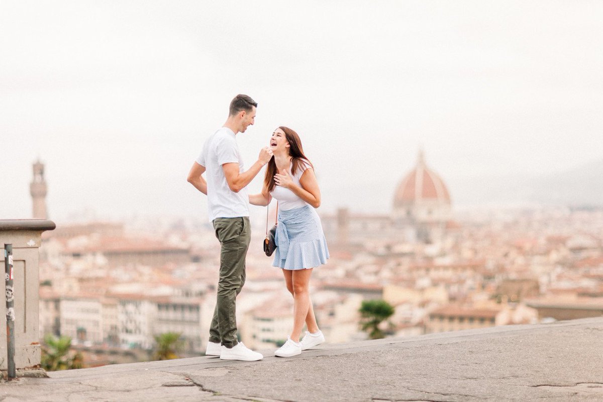 Flytographer's tweet image. "Lettie studied abroad in Florence 7 years ago and hadn't been back since. Her favourite spot is Piazza Michelangelo. I knew #proposing at that spot would mean the world to her." - Benjamin ✨❤️💍

📷 Captured by #Flytographer Sonya in #Florence