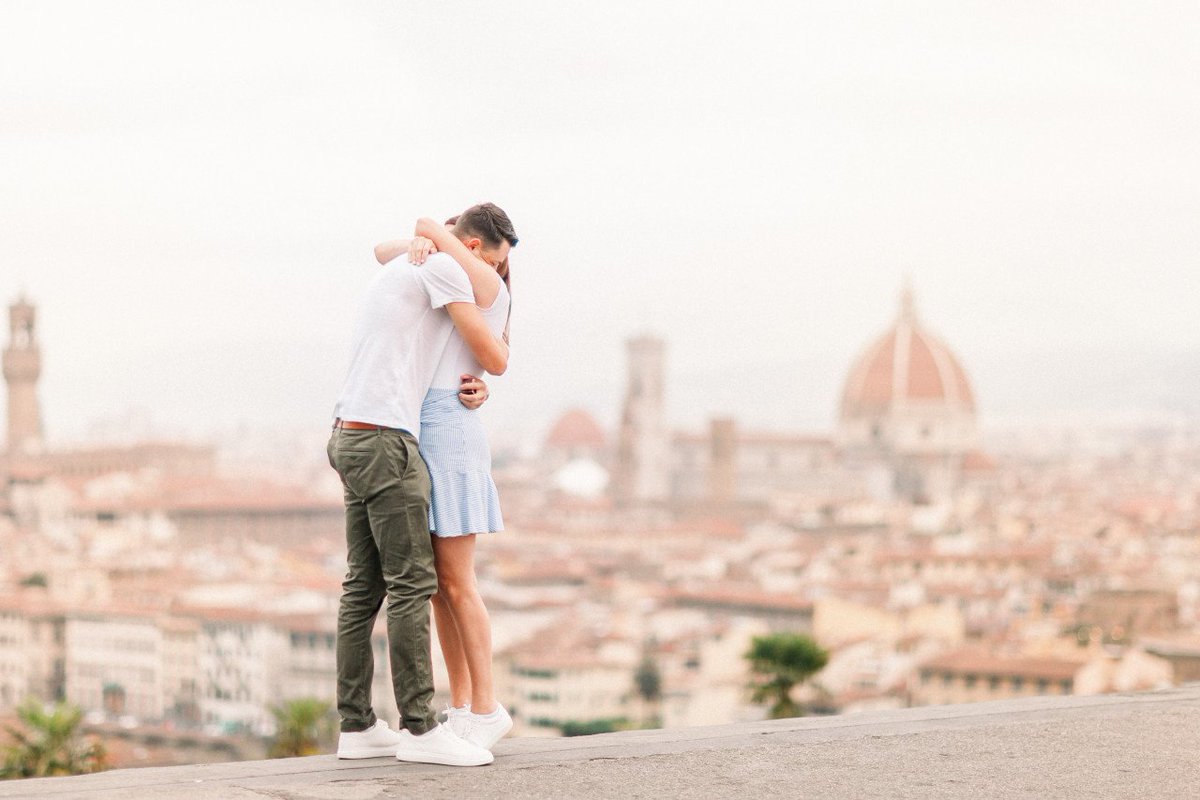 Flytographer's tweet image. "Lettie studied abroad in Florence 7 years ago and hadn't been back since. Her favourite spot is Piazza Michelangelo. I knew #proposing at that spot would mean the world to her." - Benjamin ✨❤️💍

📷 Captured by #Flytographer Sonya in #Florence