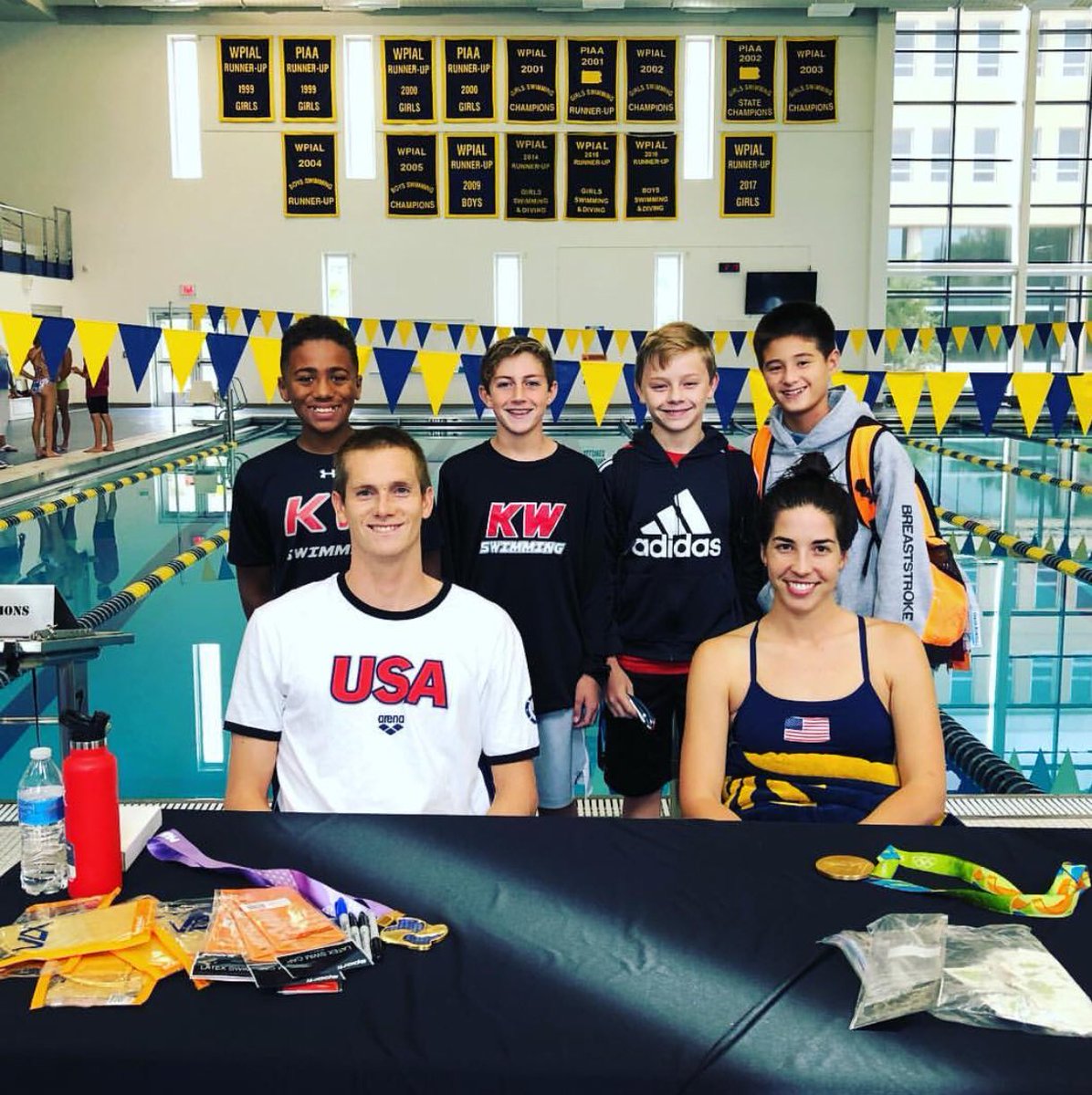 kwswimming's tweet photo. Killer Whales meeting Olympian Gold Medalist Maya DiRado and American distance swimmer Zane Grothe! AMS Swim clinic! #representKW https://t.co/zUBJL1KTb8