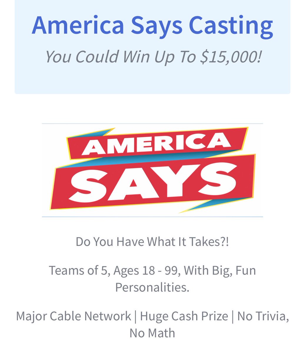 ivfilmtv's tweet photo. #LosAngelesCasting #AmericaSays #CastingCall America Says is wrapping up #casting and we'd love for you to audition. Don't miss your chance at $15,000! Use the link below to apply: https://t.co/dDAxbNy5U3 
#tvcasting #gameshowcasting #hollywoodcasting #contestantswanted https://t.co/zlNojXNkTX