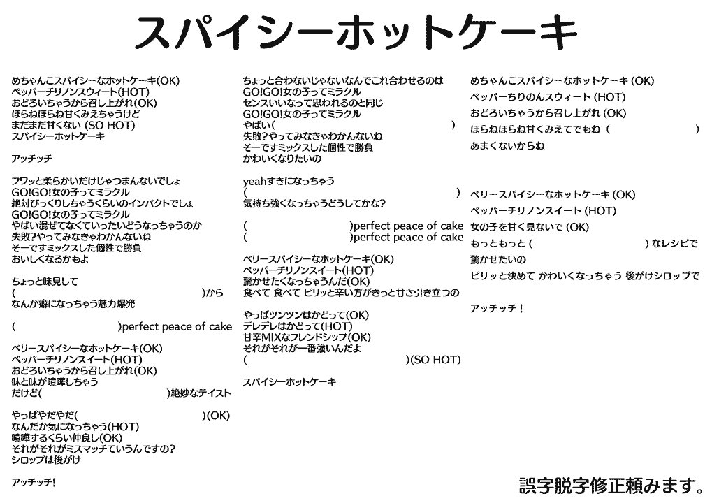 おはな 超絶ゆる チャンマン スパイシーホットケーキから二週間 いろんな人に歌詞の覚えてる部分を聞いてつなぎ合わせてみた 絶対誤字あると思うし表示されてた部分のスペルが全員違うとかあってここまでが限界 みんなで完成させて スパイシー