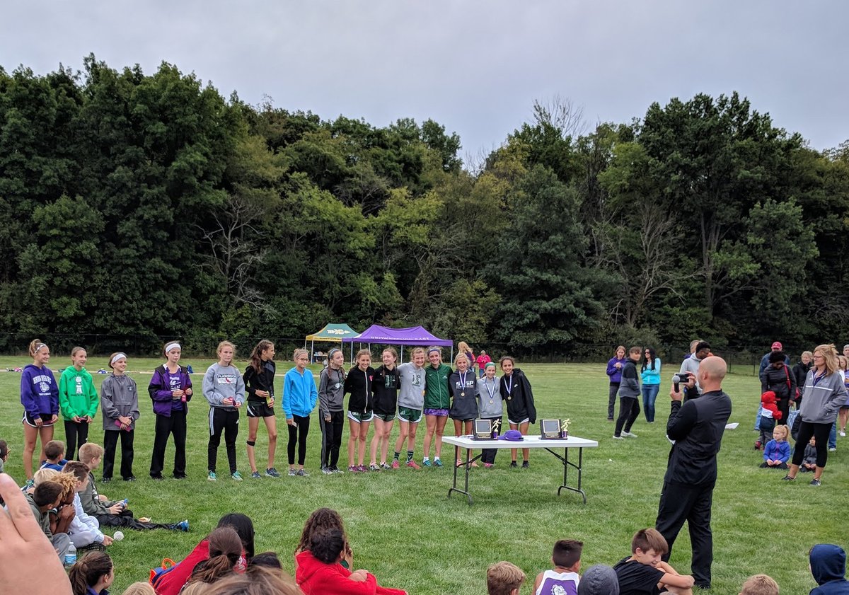 ZCHSXC's tweet photo. Congratulations to @ZMS_news girls XC for winning the Northwest Suburban Middle School championship today with a team score of 19! @ZWMSXC added 2 more for a total of 9 Zionsville girls in the top 10. The pipeline is looking good! 👍👍@ZCSeagles #runzchsxc https://t.co/jJZQR2luDR