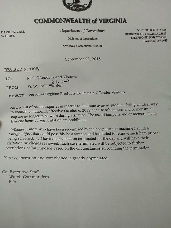 PrisonReformMvt's tweet photo. VA is now NOT allowing visitors to wear a tampon or menstrual cup during visits....this is way over the line..... https://t.co/9JxzWrT6cS