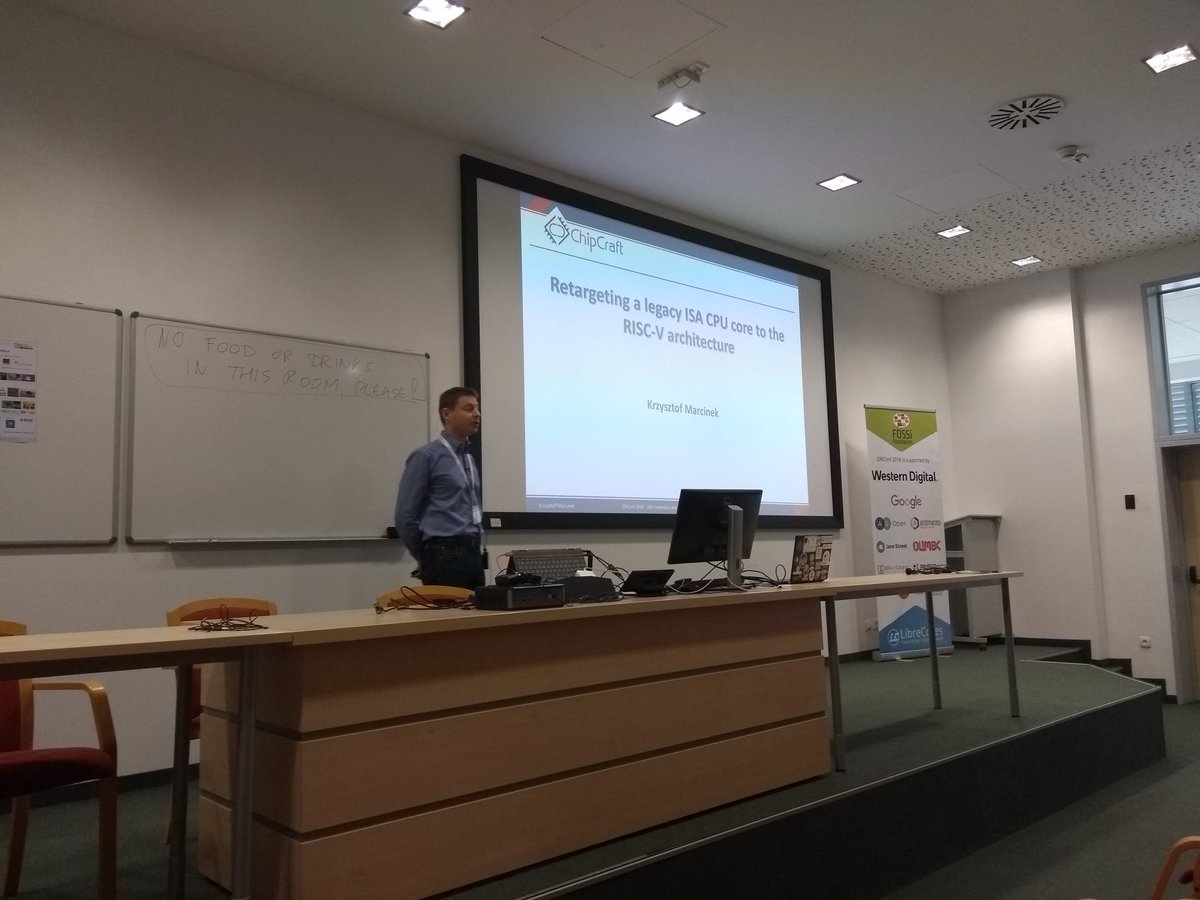 Embecosm's tweet photo. Krzysztof Marcinek of Chipcraft kicks off day 3 of #ORConf with a talk on retargeting a custom MIPS based ISA to @risc_v https://t.co/3TxdBiK1AE