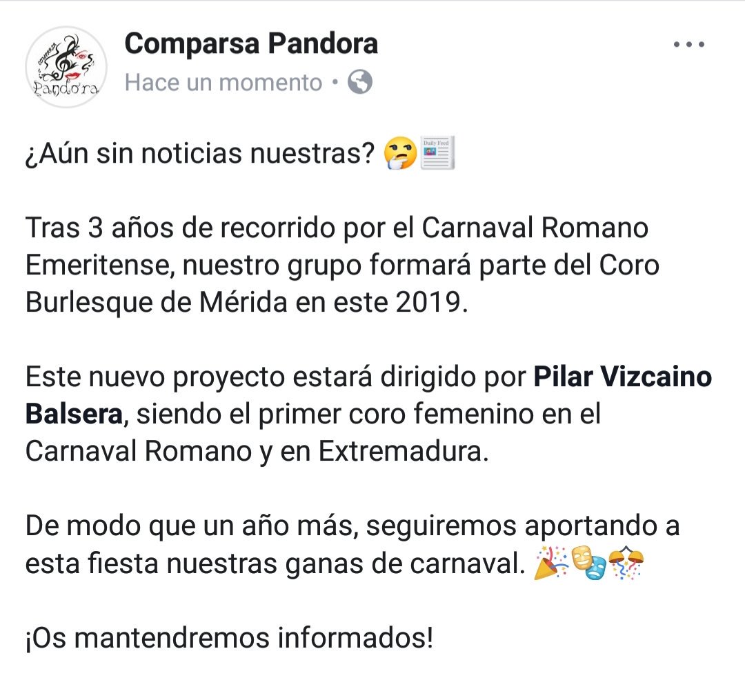 ComparsaPandora's tweet image. Para este 2019, nuestro grupo formará parte del Coro Burlesque de Mérida. ¡Os mantendremos informados! 🎊🎭