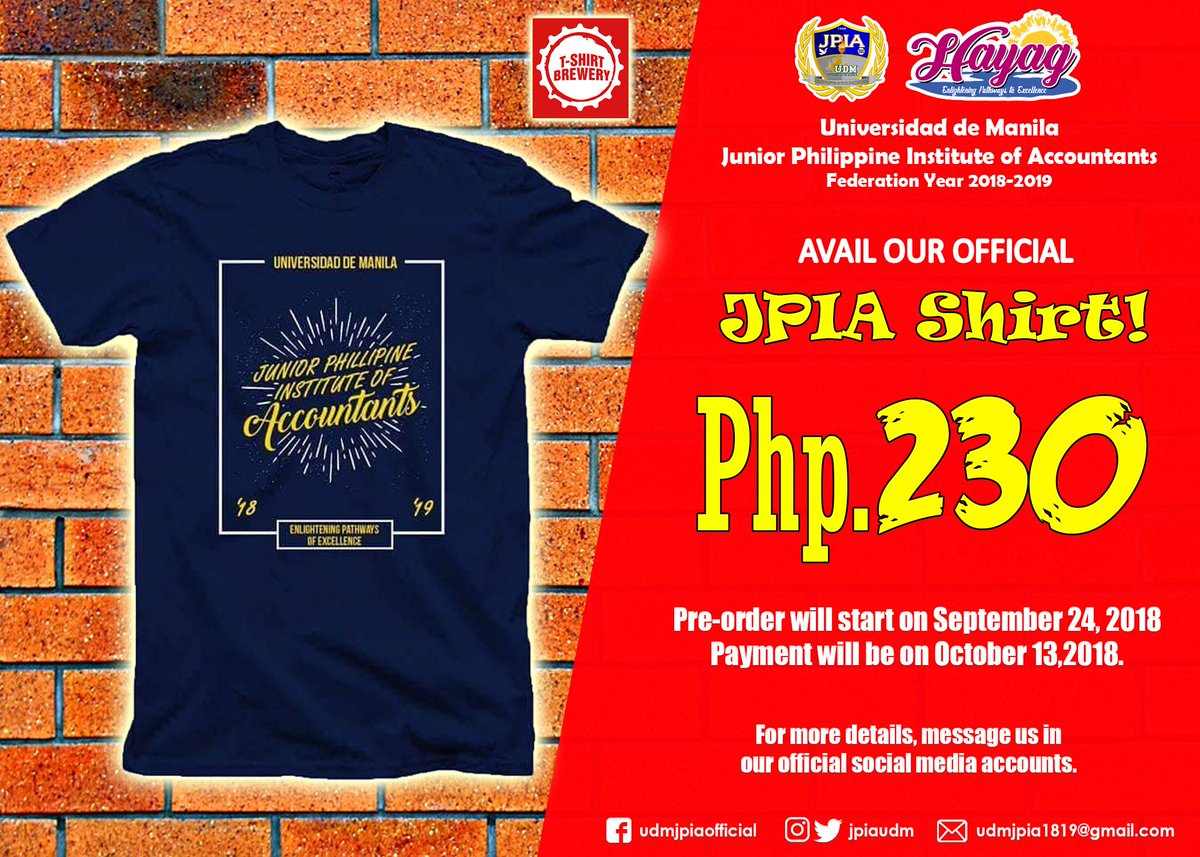 jpiaudm's tweet photo. Our official JPIA shirt is now ready for orders! Order now and wear it with pride.

Special thanks to T-Shirt Brewery.

#UDMJPIA
#HAYAG https://t.co/MbWSW54AqH
