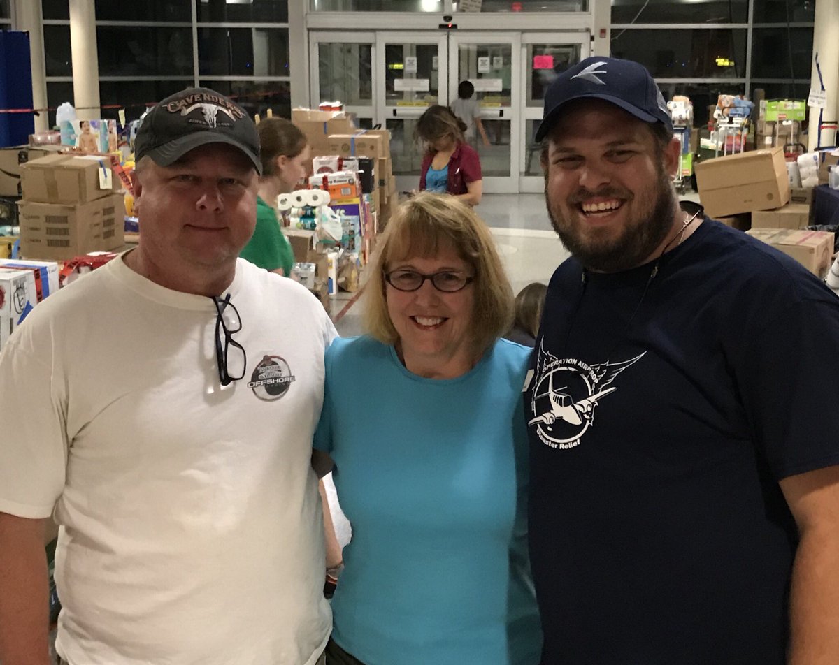 EmilyBallance's tweet photo. Excited to meet Ben Stout, @Delta pilot, Trey Thriffiley, Atlanta pilot &amp; Dan Benedix, Raleigh pilot &amp; our photographer tonight when I took my donations. These volunteers w/#OperationAirdrop fly donations to areas hardest hit by Hurricane Flo @RDUAirport https://t.co/IpCnFK2bgw
