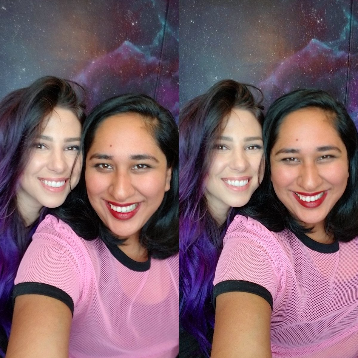 two selfies of Stevie and Annie smiling, a purple galaxy wall in the background