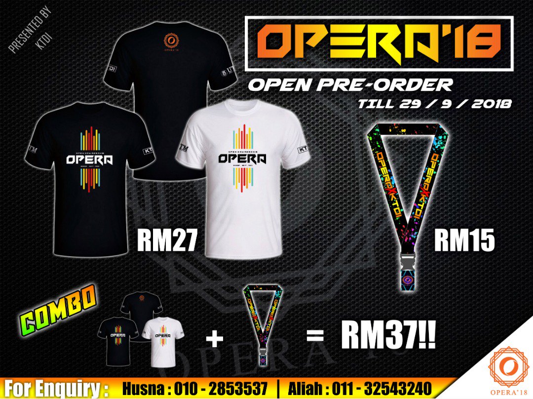 ktdi4utm's tweet photo. 🐘ATTENTION🐘
Pre order tshirt & Lanyard OPERA'18 start from now!! Faster!!! Grabs yours now!!
**Open for all UTM students & staff
**Dont forget to follow up us at @opera_2018 for more detail
For enquiry:
Husna: 0102853537
Aliah: 01132543240
#thisisktdi #siapsiaga #gajahcomel https://t.co/k1OvWrMQgv