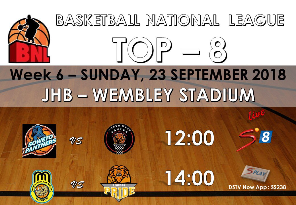 BNLSA's tweet image. It’s the last day of week 6 #BNLSATop8 Join us again at Wembly as @SowetoPanthers take on @NWEaglesBC #ss8 &amp;amp; @MP_Rhinos Vs @LimpopoPride #ssplay 
Catch the games live on your fav @SuperSportTV 
Unfortunately there will be no busses today. #BNLSA2018 #bnlsaplayoffs #WeBalling🏀
