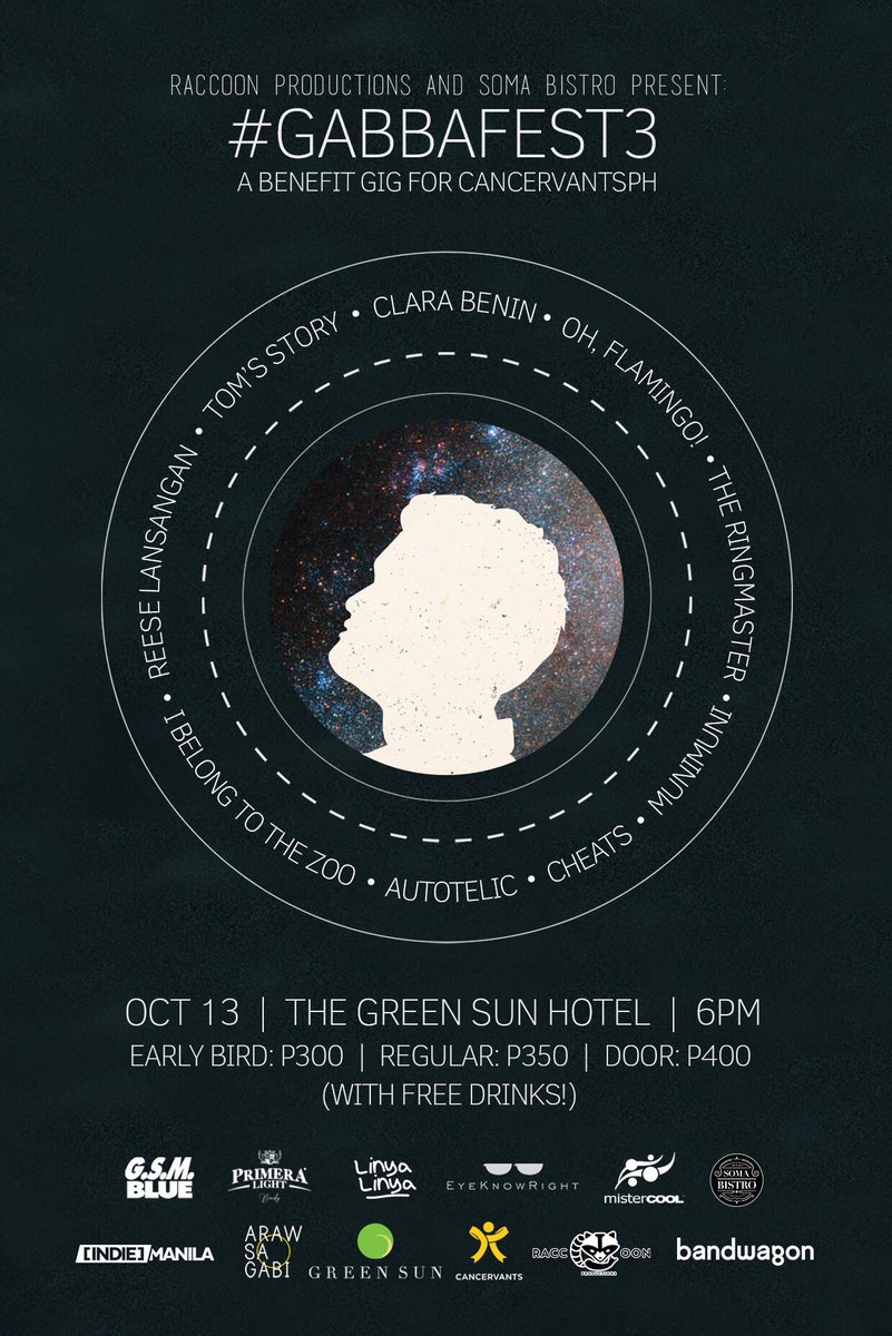 raccoonprod's tweet photo. BLOCK OFF OCT 13 FOR #GABBAFEST3! 6PM @ Green Sun.
FREE DRINKS!
Autotelic
Cheats
Clara Benin
Oh, Flamingo!
I Belong to the Zoo
Munimuni
Reese Lansangan
The Ringmaster
Tom’s Story
Few early bird tickets left! Get yours now: https://t.co/5Qt7HF42bf
RSVP: https://t.co/Kpe31GnXGG https://t.co/6yBeV8aWcf