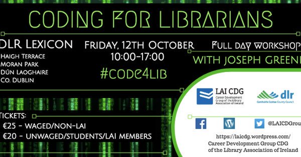 LAICDGroup's tweet image. Thanks to everyone who signed up to our Coding for Librarians workshop, which is now sold out. If you missed out on the workshop, our next event will be this year&apos;s Library Camp on November 10. Watch this space for more information to come soon #code4lib