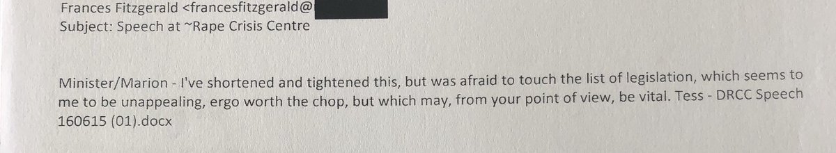 For a speech in June 2015, Minister  #FrancesFitzgerald was advised by  #TerryProne to drop long list of legislation which will sound “unappealing” but may be important to keep in