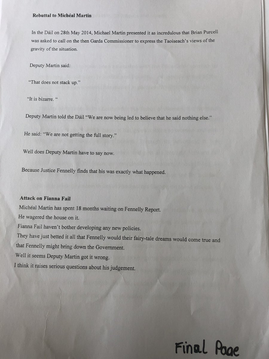 This is a departmental document of how to respond to Michéal Martin on the Fennelly Report.  #TerryProne asked for her input and suggested changing incredulous to incredible.