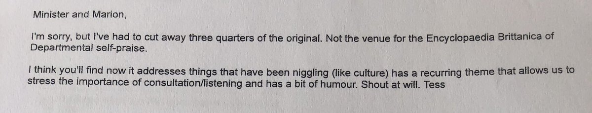 Three quarters of the original speech chopped out by  #TerryProne. It was not the place for the “Encyclopaedia Brittanica of Departmental self-praise”. Says news version addresses issues that have been “niggling” like culture