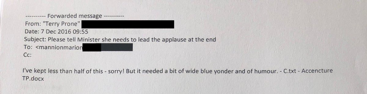 For this one, ex-Minister  #FrancesFitzgerald was advised to "lead the applause" at the end. Speech edited to add a "bit of wild blue yonder and ... humour" by  #TerryProne