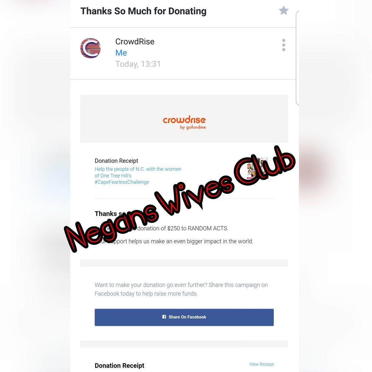 NegansWivesClub's tweet image. Who rock!? YOU LADIES ROCK!!!

A donation of £191.47 ($250.31) in total in a week!!

Donation made in the Name of Negans Wives club!! 

I love every single one of you. - Dee xoxo
@HilarieBurton @JDMorgan #capefearlesschallenge #crowdrise #NegansWivesClub