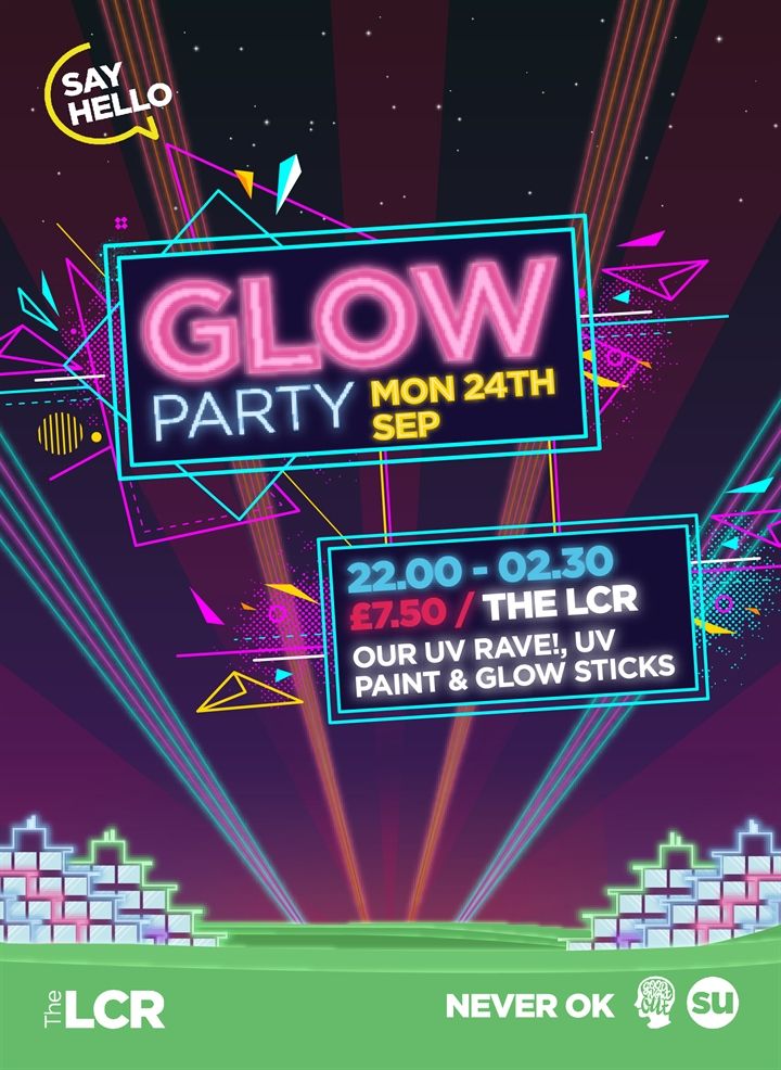 LCR_ALIST's tweet photo. Only 100 tickets left for Glow! 

This Monday night we're throwing a huge UV Party at the LCR, not a Freshers Night you want to miss

Last few tickets available here - https://t.co/zli2YH3QXl https://t.co/DDUEtWerh5