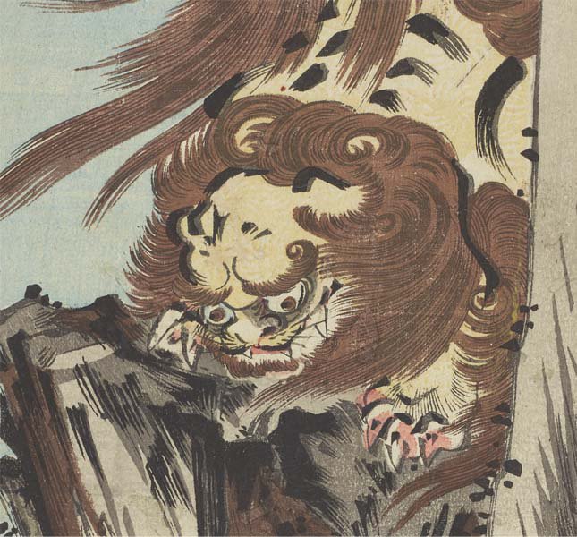 獅子は我が子を千尋の谷に落とす」。広重らしからぬ勢いのあるタッチで