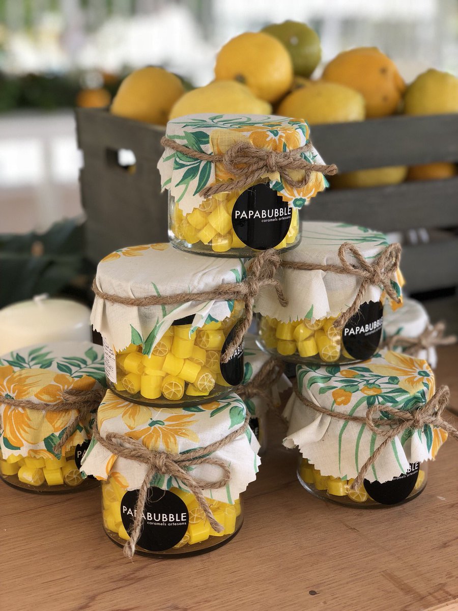 Giveaways for a birthday party by papabubble Qatar ...  jam jars filled with our handmade lemon rock candies 🍋 #papabubbleqatar #papabubble #papabubbleworld