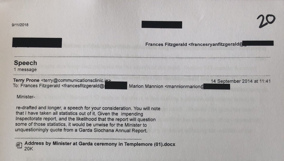 Thread - The  #FrancesFitzgerald and  #TerryProne emails. Terry Prone removes all references to official  #garda statistics from a ministerial speech because they might turn out to be unreliable