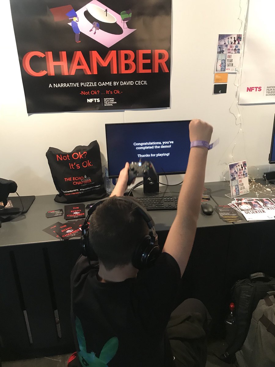echochamberNFTS's tweet photo. The first player of the day to finish The @echochamberNFTS is also our youngest player ever! WE’RE SO IMPRESSED! ✨🎉🤩 Come get a tote bag if you can ge through all of our levels 🔊✨🔊✨ Find is in the Rezzed section  #EGX2018 #indiegame #EGXRezzed https://t.co/bFxBEEvw6j