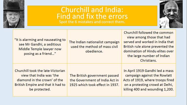 Getting on the find it fix it bandwagon with year 12 tomorrow, Churchill and India. Low stakes key knowledge recall #historyteacher <a href="/LA_McDermott/">LA McDermott</a> @KKNTeachLearn <a href="/clewisE2/">Chris Lewis</a>