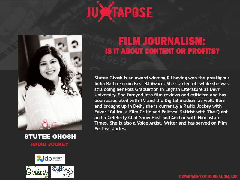 JuxtaposeLSR's tweet photo. Our panelists and moderator for Panel Discussion 1- FILM JOURNALISM: IS IT ABOUT CONTENT OR PROFITS?

Time: 12:00pm-2:00pm
Venue: Lady Shri Ram College for Women

Register here:https://t.co/raAPFu4qnb… https://t.co/KQmy2Y2wmq