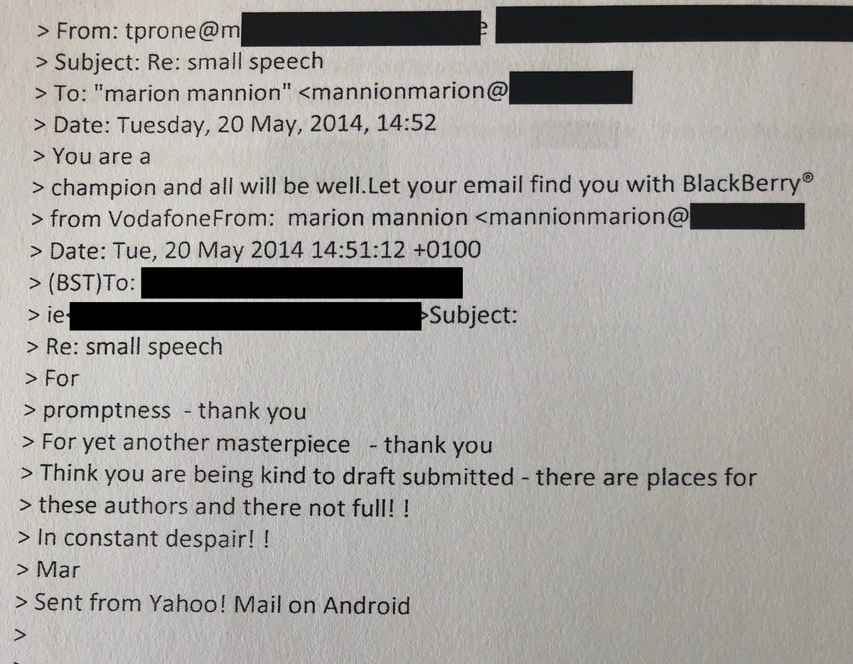 The special adviser to  #FrancesFitzgerald laments the quality of a draft speech she had sent to  #TerryProne. Thanks her for "another masterpiece". This speech has been withheld from the FOI release as "private papers" of the former minister.