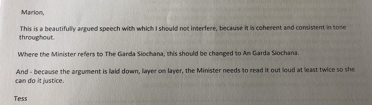 Sometimes the quality of the speeches she edited was much better. This one was “beautifully argued” and  #FrancesFitzgerald was advised to “read it out loud at least twice” before delivery