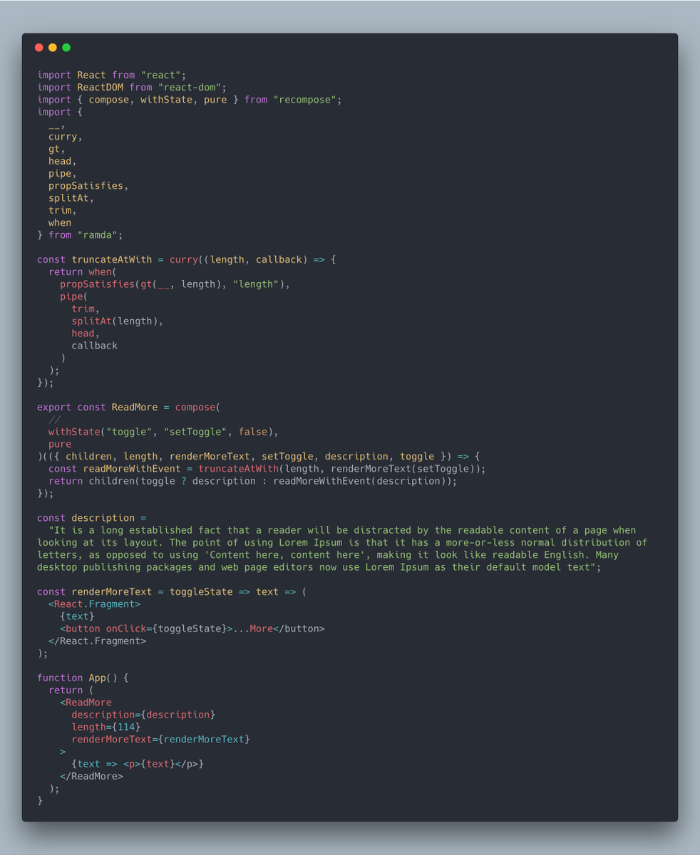 dotPKG's tweet image. A functional ReadMore React Component. UI and business logic are split apart for max code usability.
codesandbox.io/s/3yxq2m3541 #functionalJS #reactjs