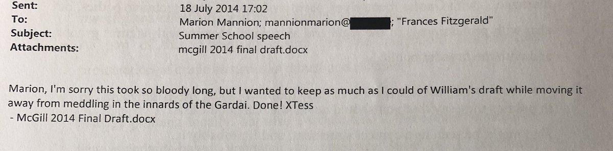 One where  #TerryProne advised  #FrancesFitzgerald not to go “meddling in the innards of the gardai” for speech to the MacGill Summer School