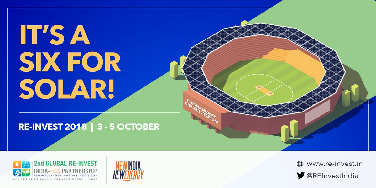 World's 1st solar powered Cricket ground, M.Chinnaswamy Stadium, #Bengaluru, generates about 600,000 units of energy annually, using some &amp; selling the rest through netmetering. Join Rooftop Solar session at #REINVEST2018 for more RE-innovations! Register: re-invest.in/register/