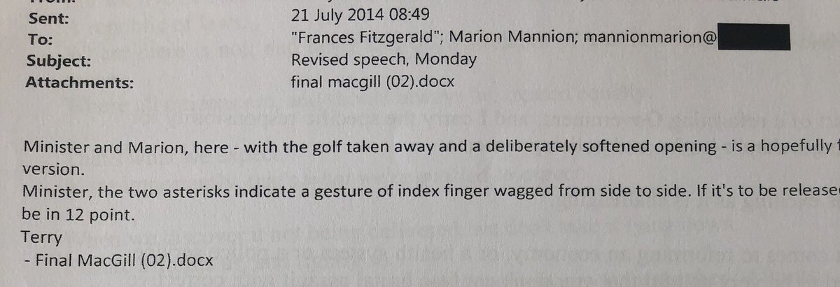 Sometimes the instructions were very explicit. In this one  #TerryProne suggests that  #FrancesFitzgerald should at a key point in the speech use an “index finger wagged from side to side” for emphasis