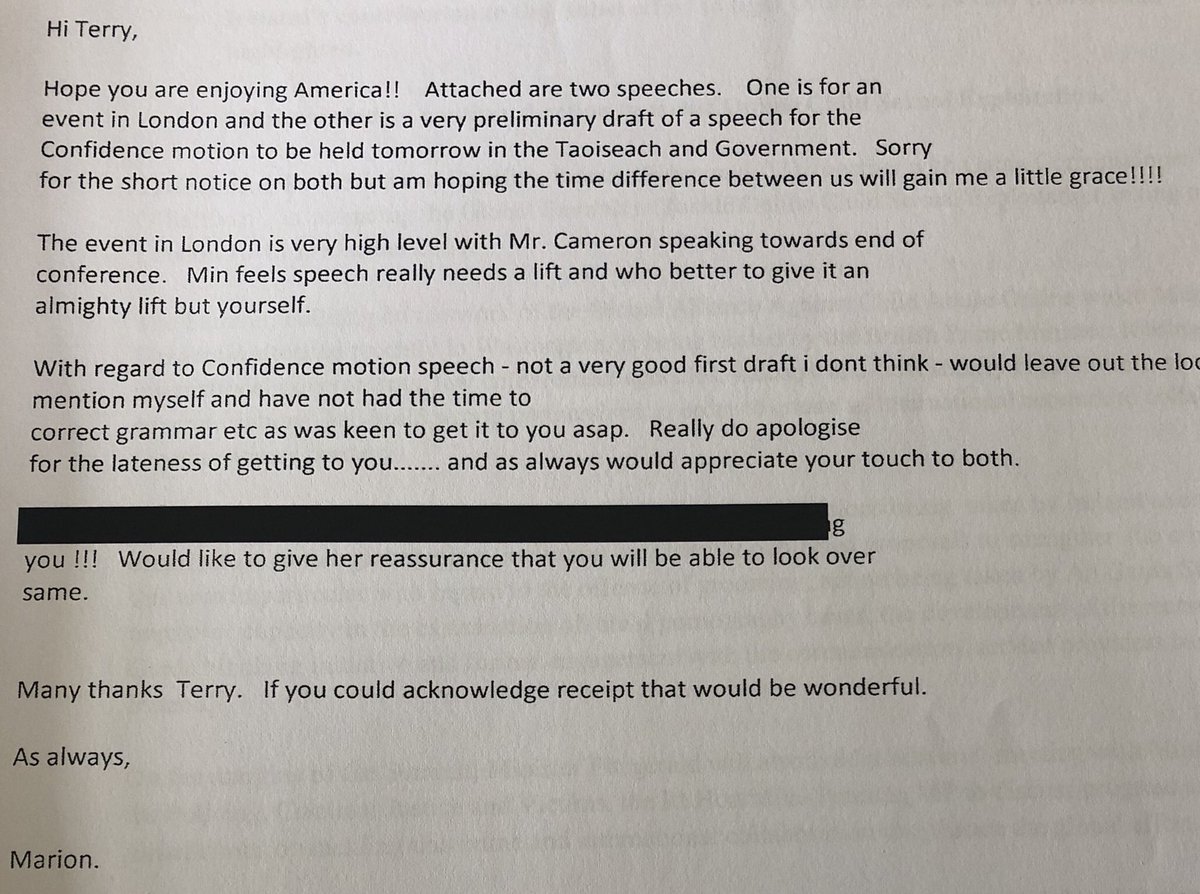 Minister  #FrancesFitzgerald was giving speech in London in front of David Cameron. She felt speech “really needs a lift” and who better than  #TerryProne to do that. A redaction on basis of personal information