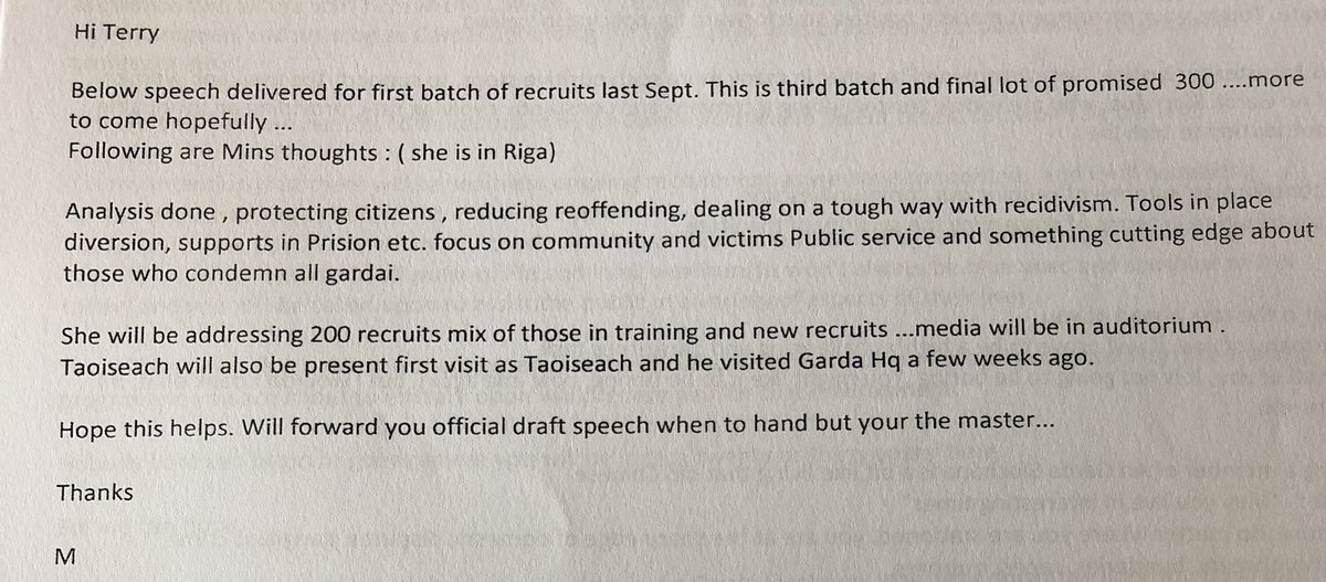 Minister  #FrancesFitzgerald gives her thoughts on what she wants said at Garda ceremony in Templemore. The “master” is asked for her input