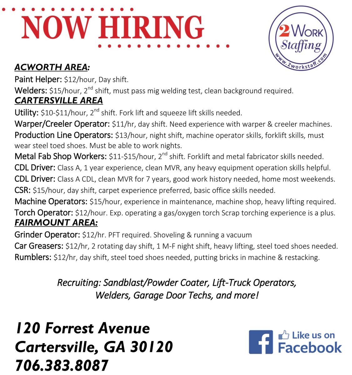 2WorkStaffing's tweet image. Now Hiring!!! #work #cartersvillega #2work