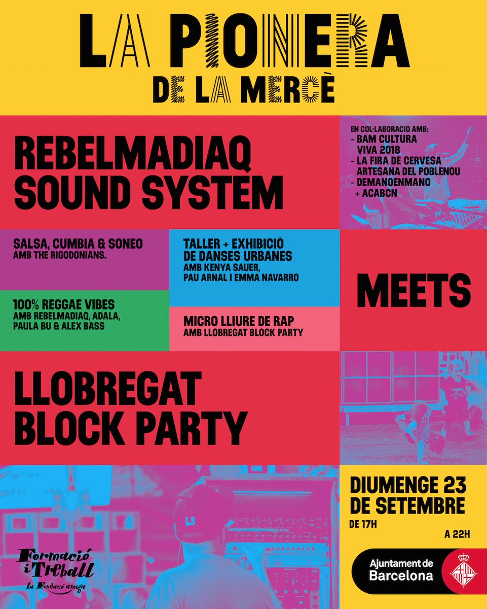 Rematarem el cap de setmana de la #Mercè18 amb el #SoundSystem de <a href="/Rebelmadiaq/">Rebelmadiaq Sound</a> i #LlobregatBlockParty de la mà de <a href="/festivalBAM/">Festival BAM</a>, amb cervesa de <a href="/LaFiradelPoble9/">La Fira del Poblenou</a> i projectes vinculats a l'economia social i al nou comerç.
Fb: goo.gl/2sHpHt
+ info: goo.gl/TCJAgi