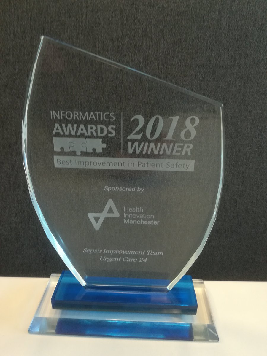 drjohncaldwell's tweet photo. Huge congratulations to the @UrgentCare24 #Sepsis Improvement Team- Winners of Informatics Award 2018 "Best Improvement in Patient Safety"! Thanks to everyone who supported our journey! @SuzFletch72 @Rebeccamarsde18 @doc_marsden @mattinadakim @Nsutebu @SepsisU https://t.co/46maDcGnam