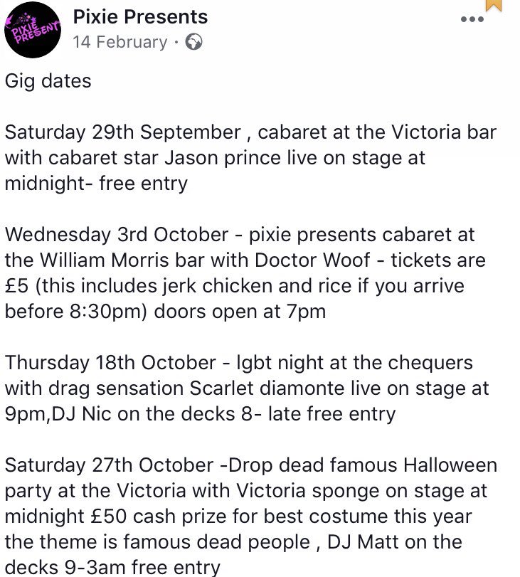 A few gig dates for your diaries ( more to be added soon) please share and let your friends know <a href="/TheVic_E17/">The Victoria E17</a> <a href="/ChequersE17/">The Chequers</a> <a href="/WillMorrisbar/">William Morris Bar</a> #lgbt #gaynights #cabaret #Walthamstow 

@StowDiary <a href="/StowBrothers/">Stow Brothers</a> <a href="/stowscene/">Walthamstow Scene</a> @WFculture19 <a href="/E17Drinks/">Walthamstow drinks</a> <a href="/WalthamstowLife/">Walthamstow Life</a> please retweet