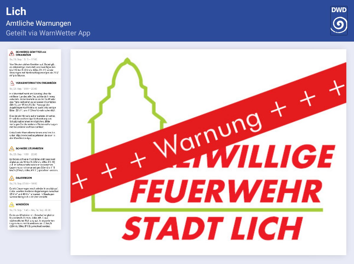 Der #DWD #WarnWetter und <a href="/katwarn_de/">KATWARN</a> warnen vor Sturm und Orkanböen. Verfolgt die Warnungen auf dwd.de 
Wichtige Informationen auf feuerwehr.lich.de/service/unwett…