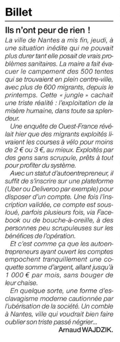 Dans leur enquête,<a href="/thomas_heng/">Thomas Heng</a> et @SarahBoucault révélait dans <a href="/OuestFrance/">Ouest-France</a> le scandale de l’uberisation de la misère humaine à #Nantes, voici mon billet ...