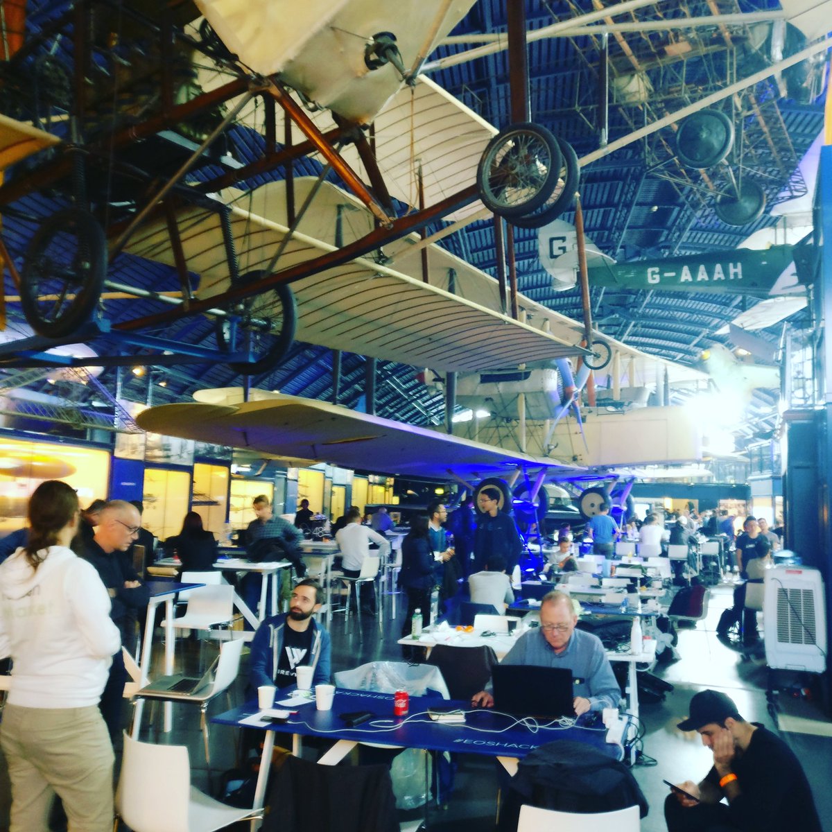 vvladski's tweet photo. High levels of delirious surealism as the finalists pracitve pitches after the all nighter #eoshackathon amongst #biplanes  #sciencemuseum @gjainhq https://t.co/mfzHd24JpO