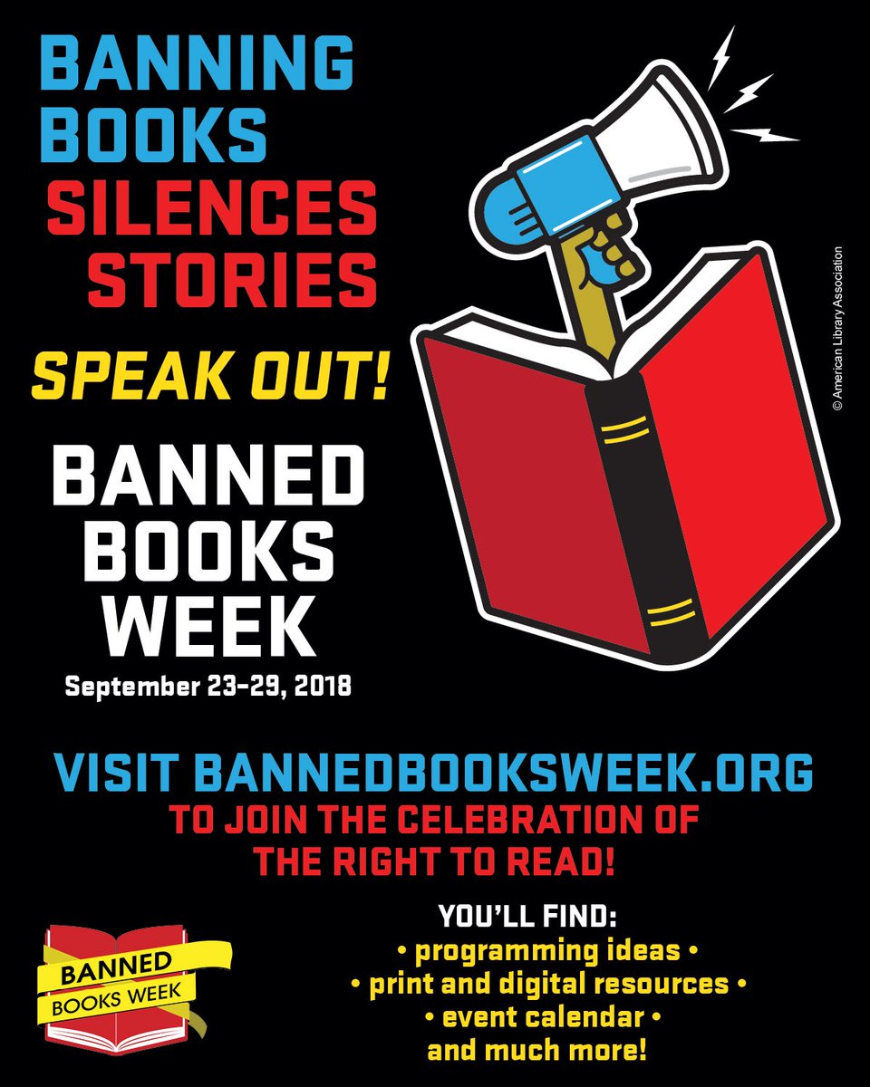 BannedBooksWeek's tweet photo. Happy Banned Books Week! The celebration of reading is here! Banning books silences stories, so speak out against censorship all week at evens around the world! https://t.co/mZffdWohOg https://t.co/IgvpXPL3xI