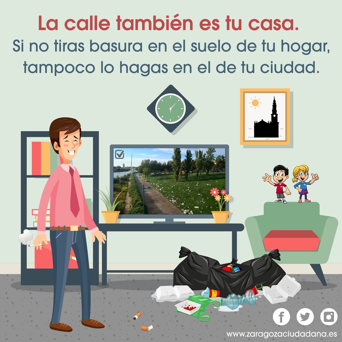 Recuerda que la calle también es tu casa. Si no tiras botella, bolsas, vasos, colillas, papeles, chicles... en el suelo de tu hogar, tampoco lo hagas en el de tu ciudad. Por una #ZaragozaLimpia #ZaragozaLISTA 🙂
#zgz #zaragoza #botellón #incivismo #ribera #ebro